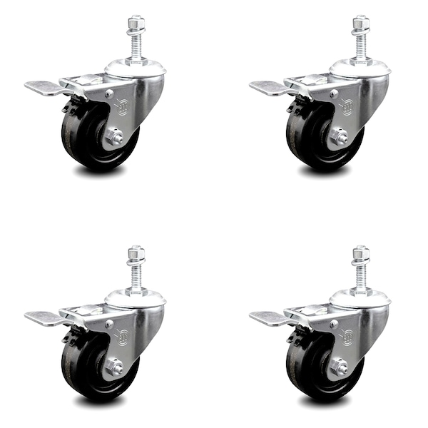 3 Inch Phenolic Swivel 3/8 Inch Threaded Stem Caster Set with Total Lock Brake